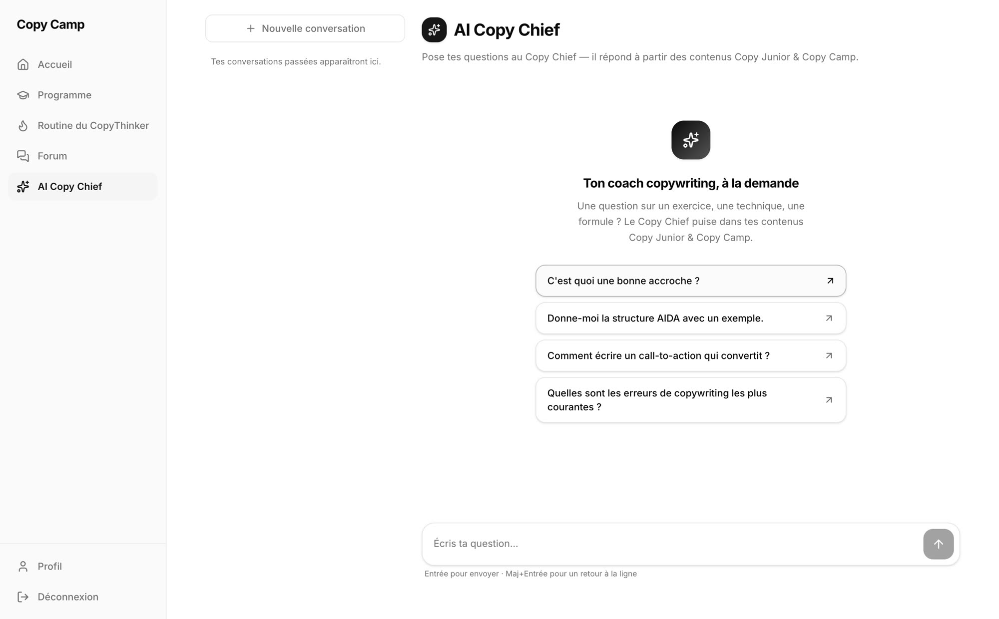 L’AI Copy Chief dans le Copy Camp : « Ton coach copywriting, à la demande », et quatre questions suggérées.