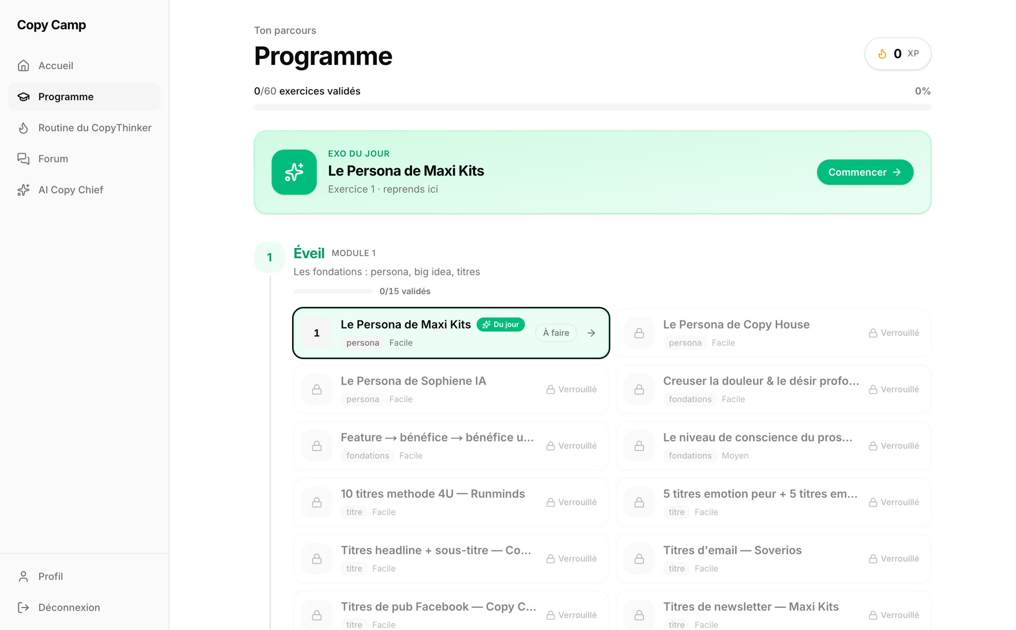 La page Programme du Copy Camp : l’exercice du jour, et les soixante exercices qui se débloquent l’un après l’autre.